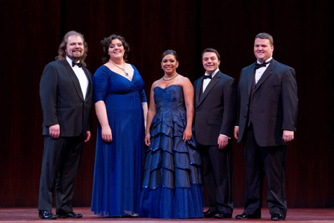 Left to Right: 2012 National Council Audition Winners Andrey Nemzer, Margaret Mezzacappa, Janai Brugger, Matthew Grills, and Anthony Clark Evans. [Photo by Marty Sohl/Metropolitan Opera]