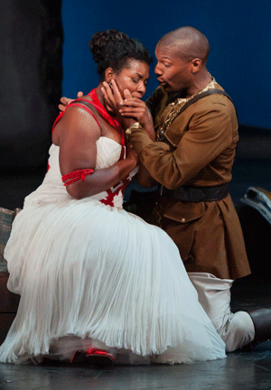 Michelle Johnson as Aida and Eric Owens as Amonasro in Aida. [Photo: Karli Cadel/The Glimmerglass Festival]