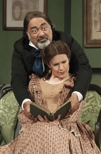 Kitty Whately as Rosina and Jonathan Veira as Dr Bartolo [Photo by Fritz Curzon]
