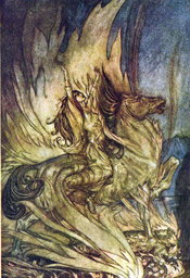 Brünnhilde into the Flames by Arthur Rackham (1867 - 1939)