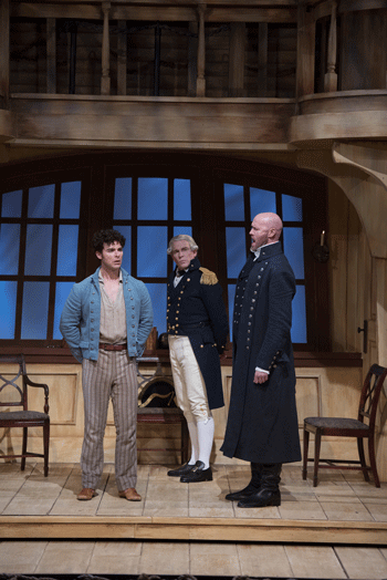 Claggart (Zachary James, right) falsely accuses Billy (Craig Verm, left) and Vere observes (Roger Honeywell). [Photo by Duane Tinkey]