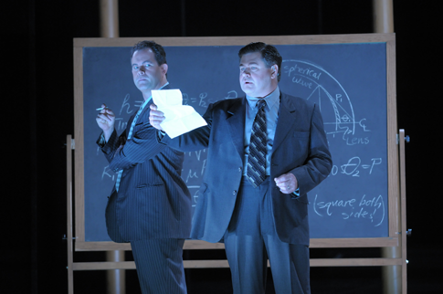 Gerald Finley (l.) stars as Robert Oppenheimer and Richard Paul Fink (r.) stars as Edward Teller in the Peter Sellars-directed Doctor Atomic, a Lyric Opera of Chicago premiere for the 2007-08 season. Photo by Dan Rest/Lyric Opera of Chicago.