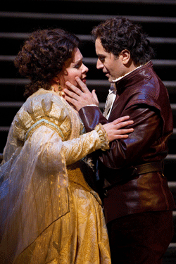 Angela Meade as Elvira and Roberto De Biasio as Ernani [Photo by Marty Sohl courtesy of The Metropolitan Opera]