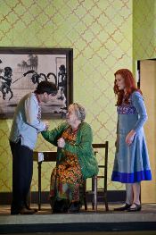 Roberto Saccà as Alexey, Susan Bickley as Babulenka and Angela Denoke as Paulina [Photo by Clive Barda courtesy of Royal Opera House]