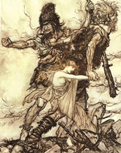 The giants seize Freya by Arthur Rackham (1910)