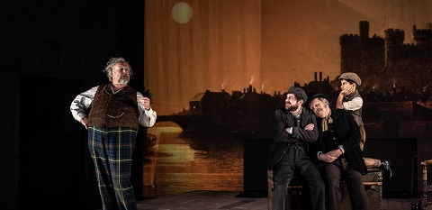 Henry Waddington (Falstaff) Nicholas Crawley (Pistola) Adrian Thompson (Bardolfo) Ansh Shetty (Page) credit Clive Barda.jpg