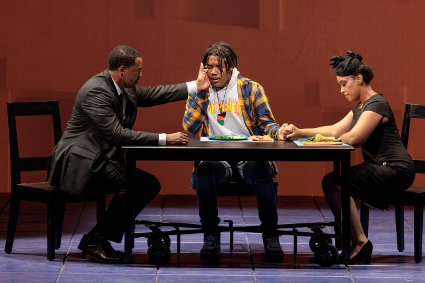 (From left) Kenneth Kellogg as The Father, Aaron Crouch as The Son and Briana Hunter as The Mother [Photo by Karli Cadel/The Glimmerglass Festival]