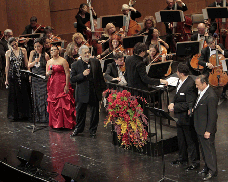 Jordi Bernacer conducts the LA Opera Orchestra with (front row, left to right) Maria Antunez, Auxiliadora Toledano, Janai Brugger, Placido Domingo, Joshua Guerrero and Antonio Vazquez. (Photo: Robert Millard)