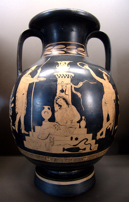 Orestes, Electra and Hermes at the tomb of Agamemnon, lucanian red-figure pelike, c. 380-370 BC, Louvre (K 544) [Source: Wikipedia]