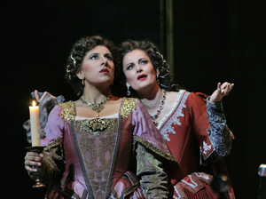 Indian-born mezzo-soprano Priti Gandhi is Inez and Italian soprano Paoletta Marrocu is Leonora in San Diego Opera’s production of Verdi’s Il trovatore. Photo © Ken Howard