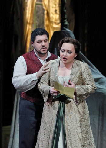 Luca Salsi as Enrico and Albina Shagimuratova as Lucia [Photo by Cory Weaver/Metropolitan Opera]