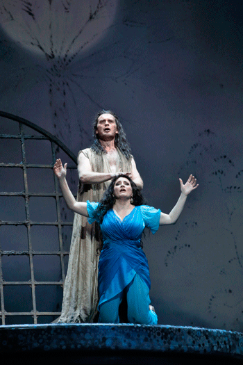 Tomas Tomasson as John the Baptist and Patricia Racette as Salome [Photo by Ken Howard/LA Opera]