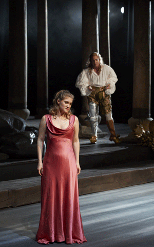 Jane Archibald as Semele (foreground) and William Burden as Jupiter (background) [Photo by Michael Cooper courtesy of Canadian Opera Company]