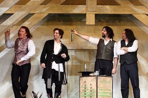 Duncan Rock as Schaunard, Fernando Radó as Colline, Etienne Dupuis and Matthew Polezani as Rodolfo.jpg